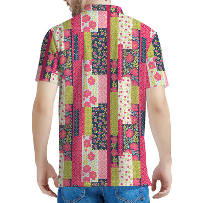 Pink Flower Patchwork Pattern Print Men's Polo Shirt