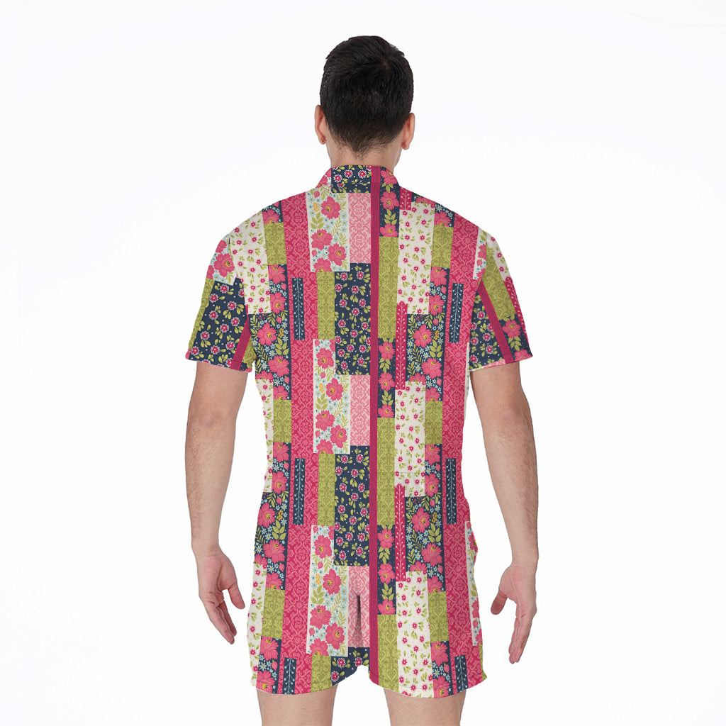 Pink Flower Patchwork Pattern Print Men's Rompers