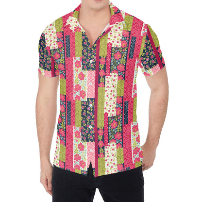 Pink Flower Patchwork Pattern Print Men's Shirt