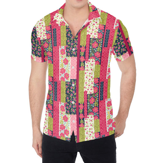 Pink Flower Patchwork Pattern Print Men's Shirt