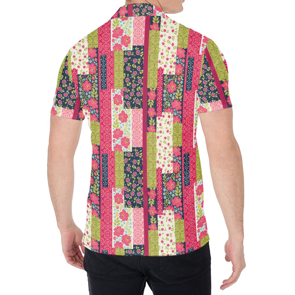 Pink Flower Patchwork Pattern Print Men's Shirt