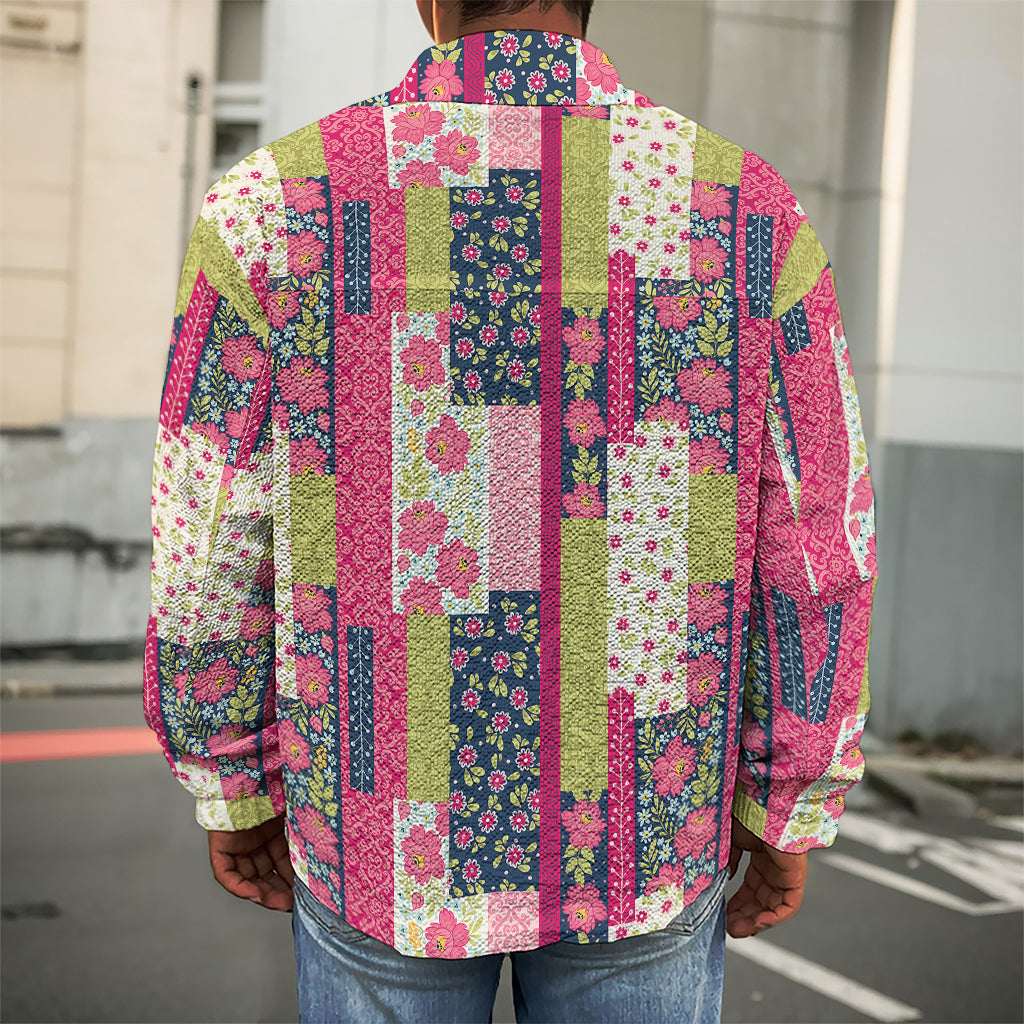 Pink Flower Patchwork Pattern Print Men's Shirt Jacket