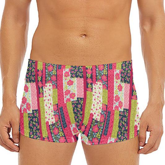 Pink Flower Patchwork Pattern Print Men's Short Boxer Briefs