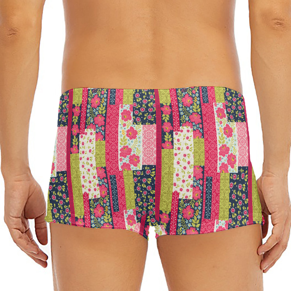 Pink Flower Patchwork Pattern Print Men's Short Boxer Briefs