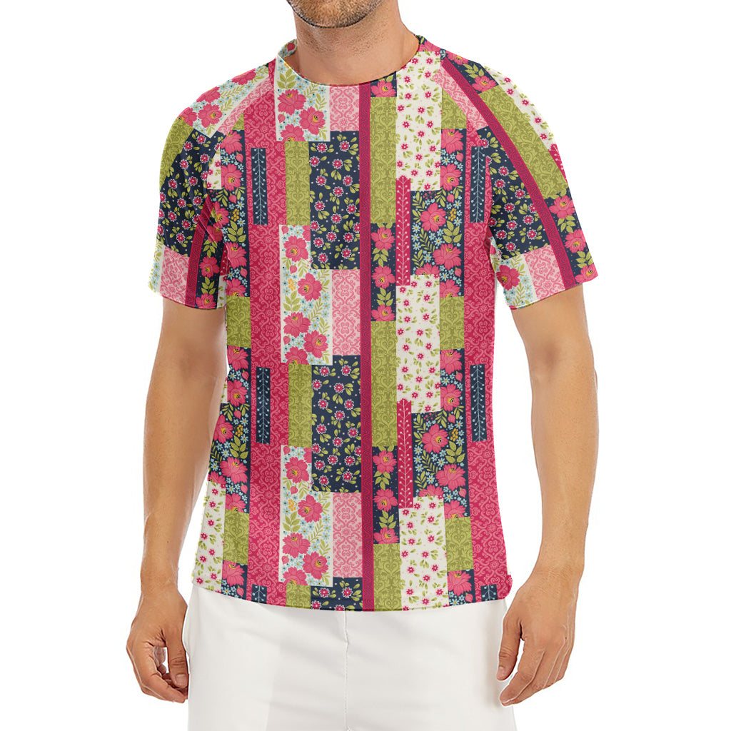 Pink Flower Patchwork Pattern Print Men's Short Sleeve Rash Guard