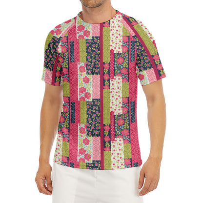 Pink Flower Patchwork Pattern Print Men's Short Sleeve Rash Guard