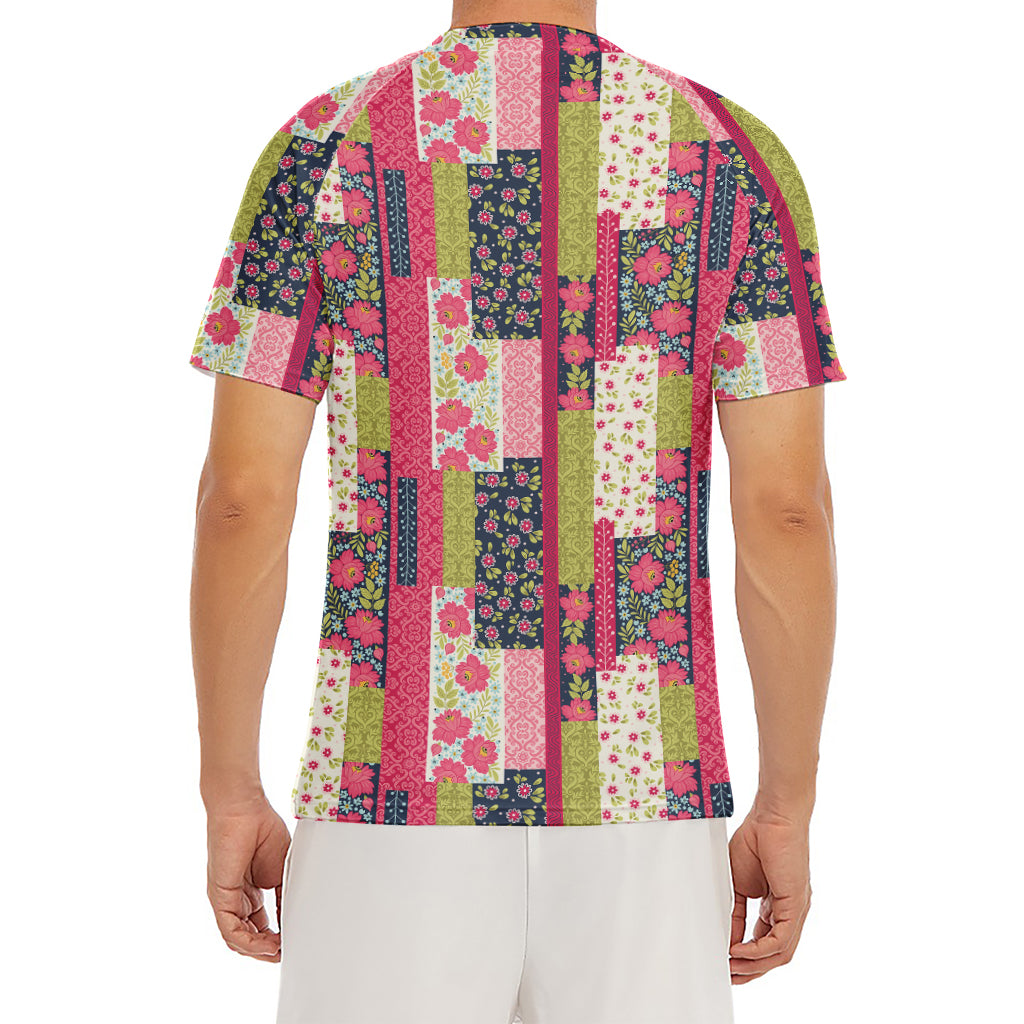 Pink Flower Patchwork Pattern Print Men's Short Sleeve Rash Guard