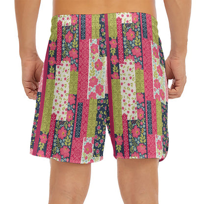 Pink Flower Patchwork Pattern Print Men's Split Running Shorts