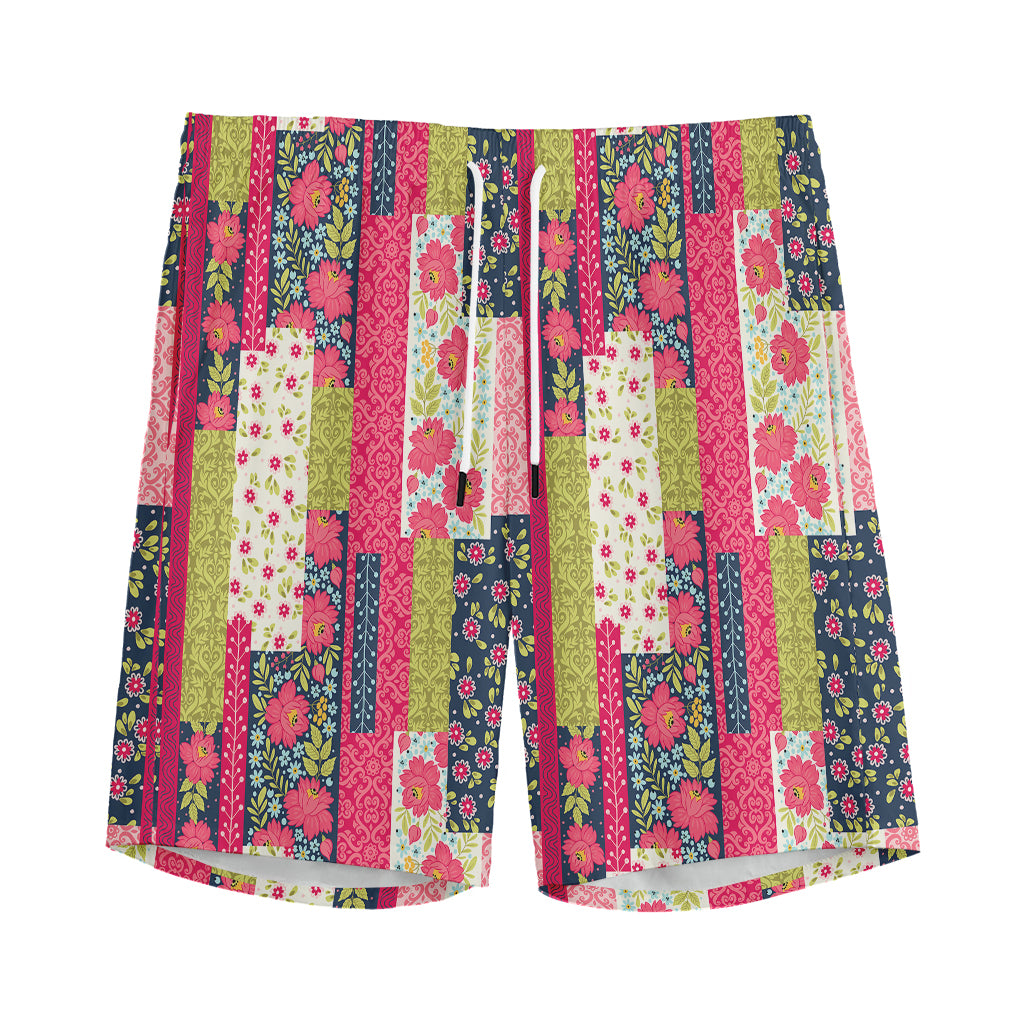 Pink Flower Patchwork Pattern Print Men's Sports Shorts