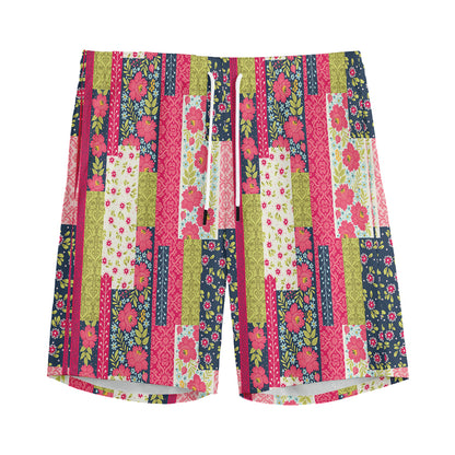 Pink Flower Patchwork Pattern Print Men's Sports Shorts