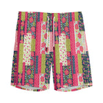 Pink Flower Patchwork Pattern Print Men's Sports Shorts
