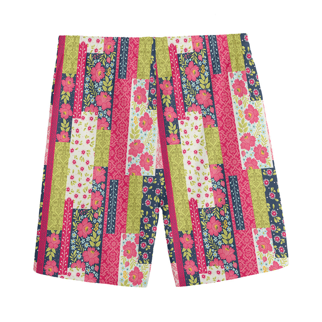 Pink Flower Patchwork Pattern Print Men's Sports Shorts