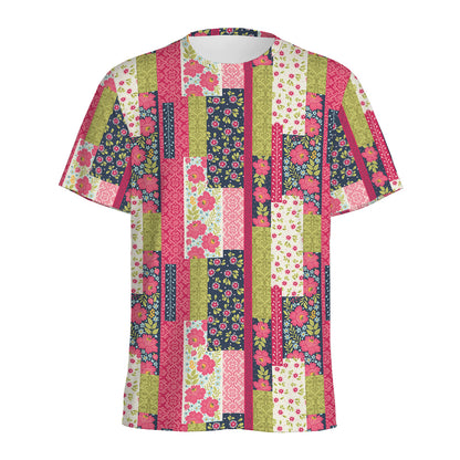 Pink Flower Patchwork Pattern Print Men's Sports T-Shirt