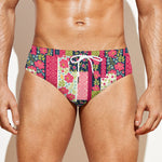 Pink Flower Patchwork Pattern Print Men's Swim Briefs