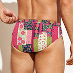 Pink Flower Patchwork Pattern Print Men's Swim Briefs