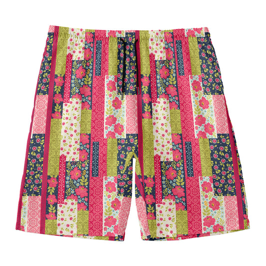 Pink Flower Patchwork Pattern Print Men's Swim Trunks