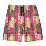 Pink Flower Patchwork Pattern Print Men's Swim Trunks