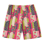 Pink Flower Patchwork Pattern Print Men's Swim Trunks