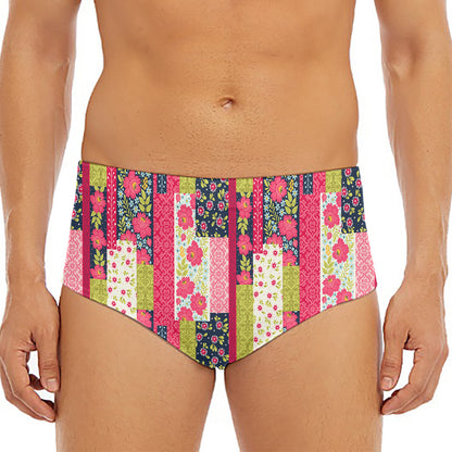 Pink Flower Patchwork Pattern Print Men's Triangle Swim Briefs