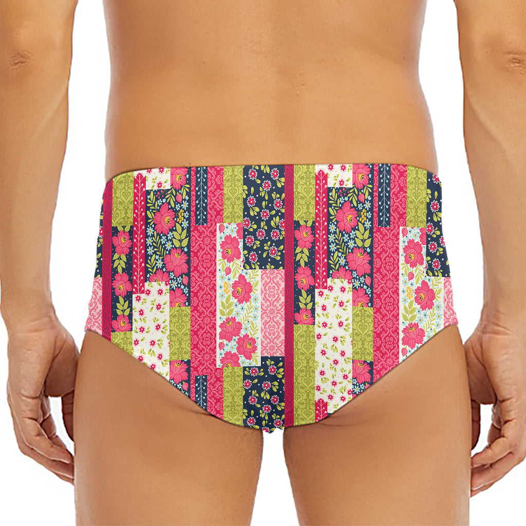 Pink Flower Patchwork Pattern Print Men's Triangle Swim Briefs