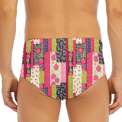 Pink Flower Patchwork Pattern Print Men's Triangle Swim Briefs
