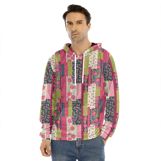 Pink Flower Patchwork Pattern Print Men's Velvet Pullover Hoodie