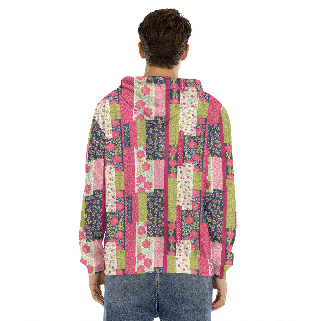 Pink Flower Patchwork Pattern Print Men's Velvet Pullover Hoodie