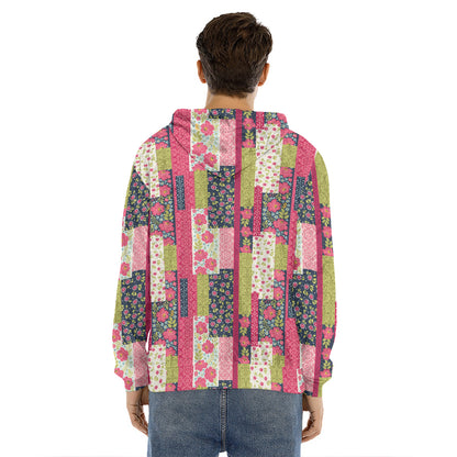 Pink Flower Patchwork Pattern Print Men's Velvet Pullover Hoodie