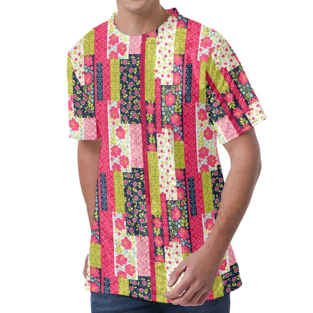 Pink Flower Patchwork Pattern Print Men's Velvet T-Shirt