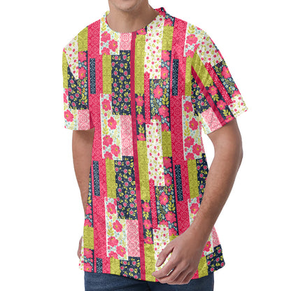 Pink Flower Patchwork Pattern Print Men's Velvet T-Shirt