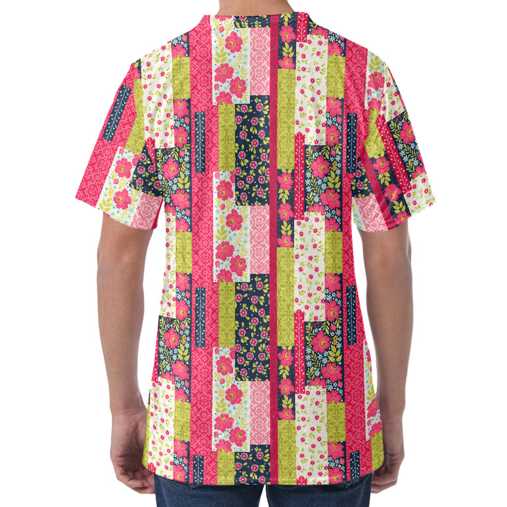 Pink Flower Patchwork Pattern Print Men's Velvet T-Shirt