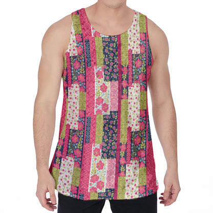 Pink Flower Patchwork Pattern Print Men's Velvet Tank Top