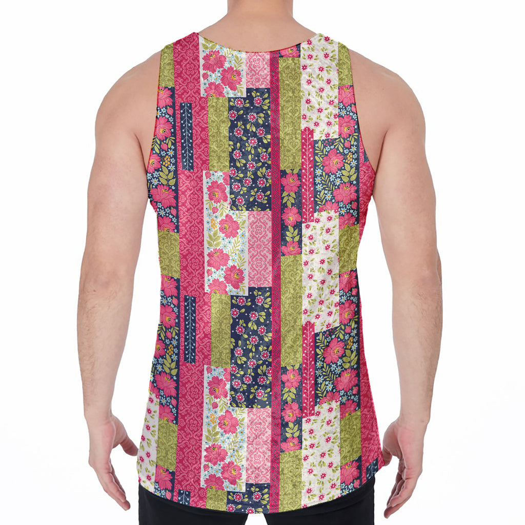Pink Flower Patchwork Pattern Print Men's Velvet Tank Top