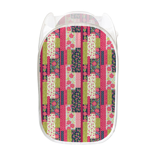 Pink Flower Patchwork Pattern Print Mesh Laundry Hamper