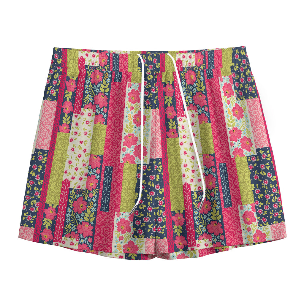 Pink Flower Patchwork Pattern Print Mesh Shorts