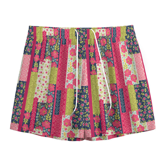 Pink Flower Patchwork Pattern Print Mesh Shorts