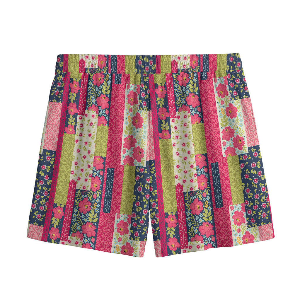Pink Flower Patchwork Pattern Print Mesh Shorts
