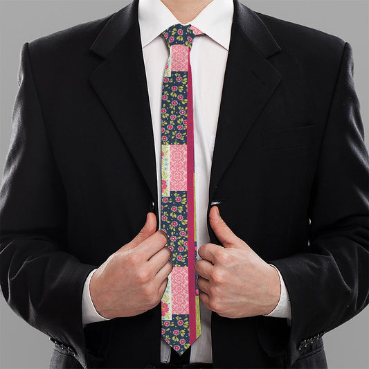 Pink Flower Patchwork Pattern Print Necktie