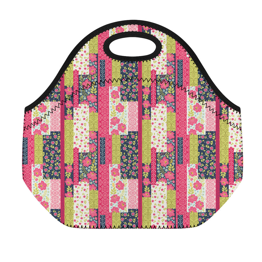 Pink Flower Patchwork Pattern Print Neoprene Lunch Bag