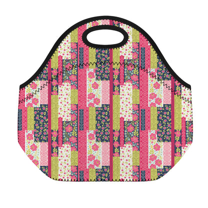 Pink Flower Patchwork Pattern Print Neoprene Lunch Bag