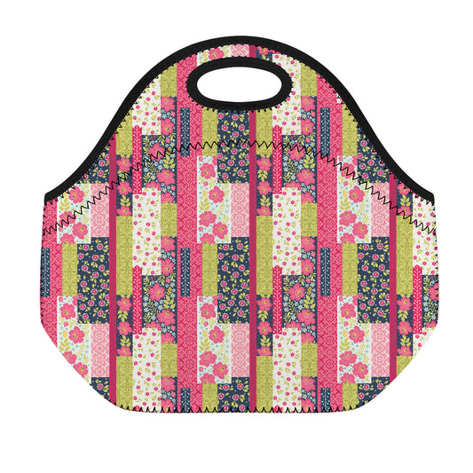 Pink Flower Patchwork Pattern Print Neoprene Lunch Bag
