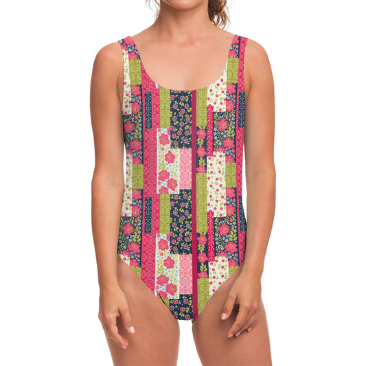 Pink Flower Patchwork Pattern Print One Piece Swimsuit