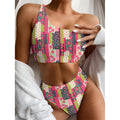 Pink Flower Patchwork Pattern Print One Shoulder Bikini Set