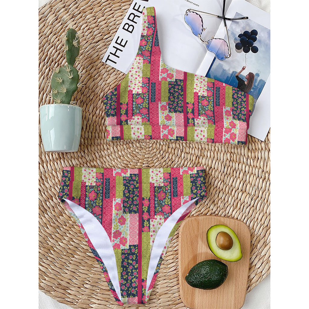 Pink Flower Patchwork Pattern Print One Shoulder Bikini Top