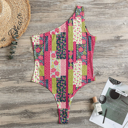 Pink Flower Patchwork Pattern Print One Shoulder Bodysuit