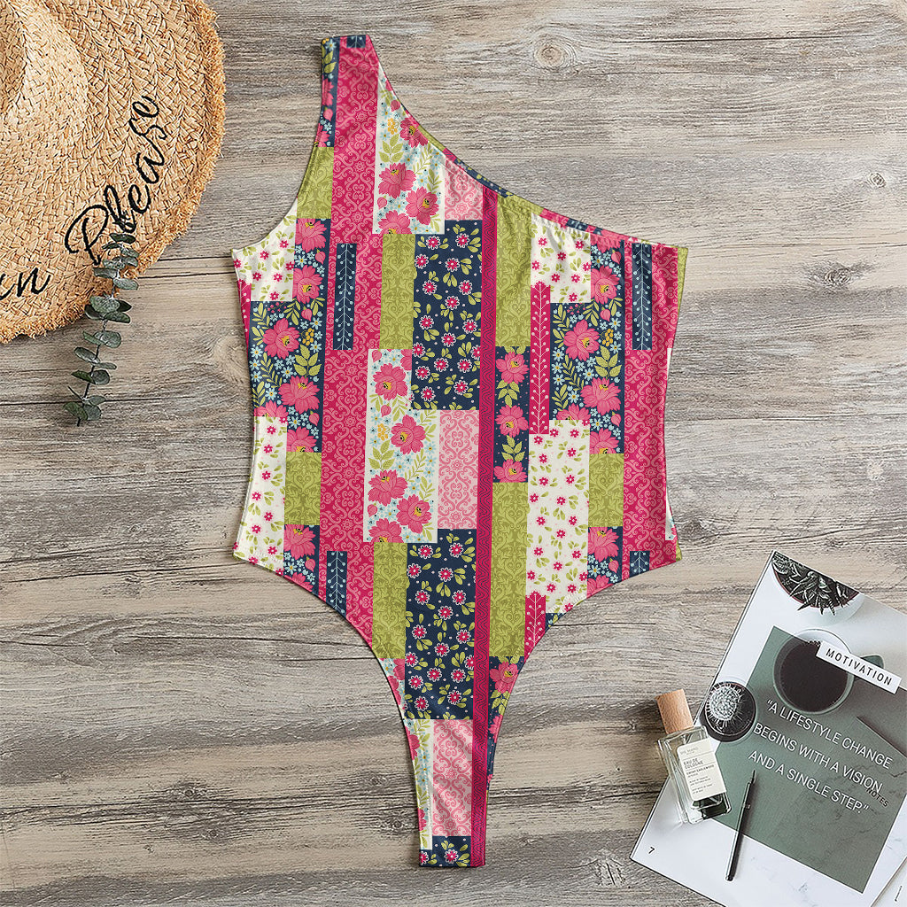 Pink Flower Patchwork Pattern Print One Shoulder Bodysuit