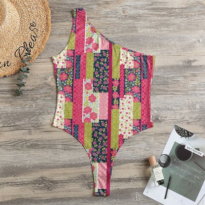 Pink Flower Patchwork Pattern Print One Shoulder Bodysuit