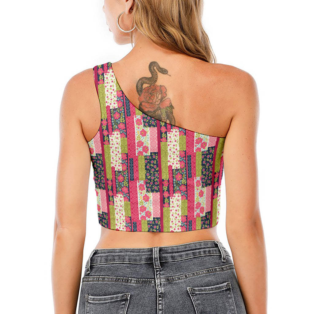 Pink Flower Patchwork Pattern Print One Shoulder Crop Top