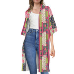 Pink Flower Patchwork Pattern Print Open Front Beach Cover Up