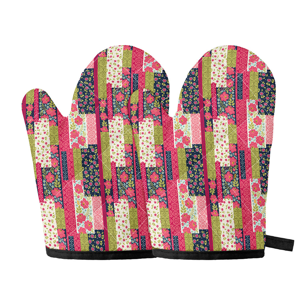 Pink Flower Patchwork Pattern Print Oven Mitts